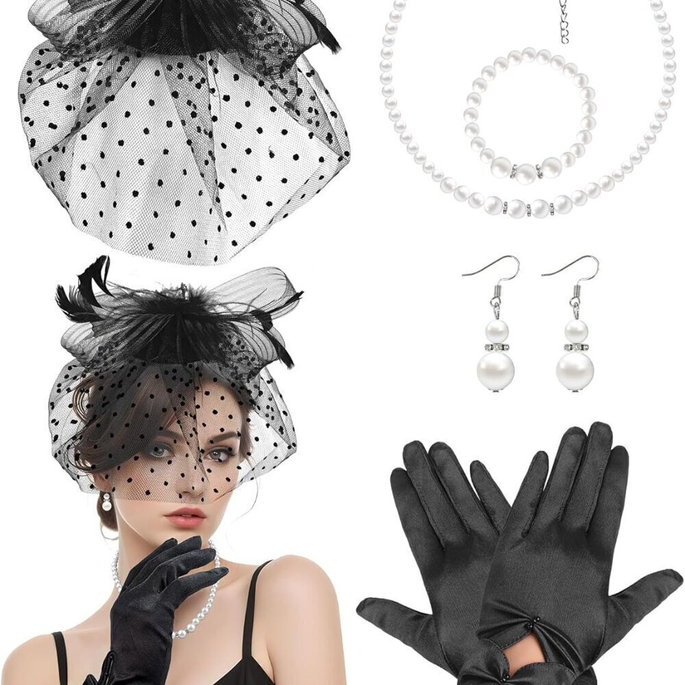 Fascinator Hat Veil for Women Satin Gloves Pearl Jewelry Set for Vintage Events
